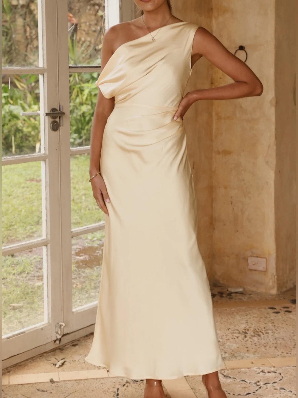 Asymmetrical One-Shoulder Butter Yellow Satin Gown